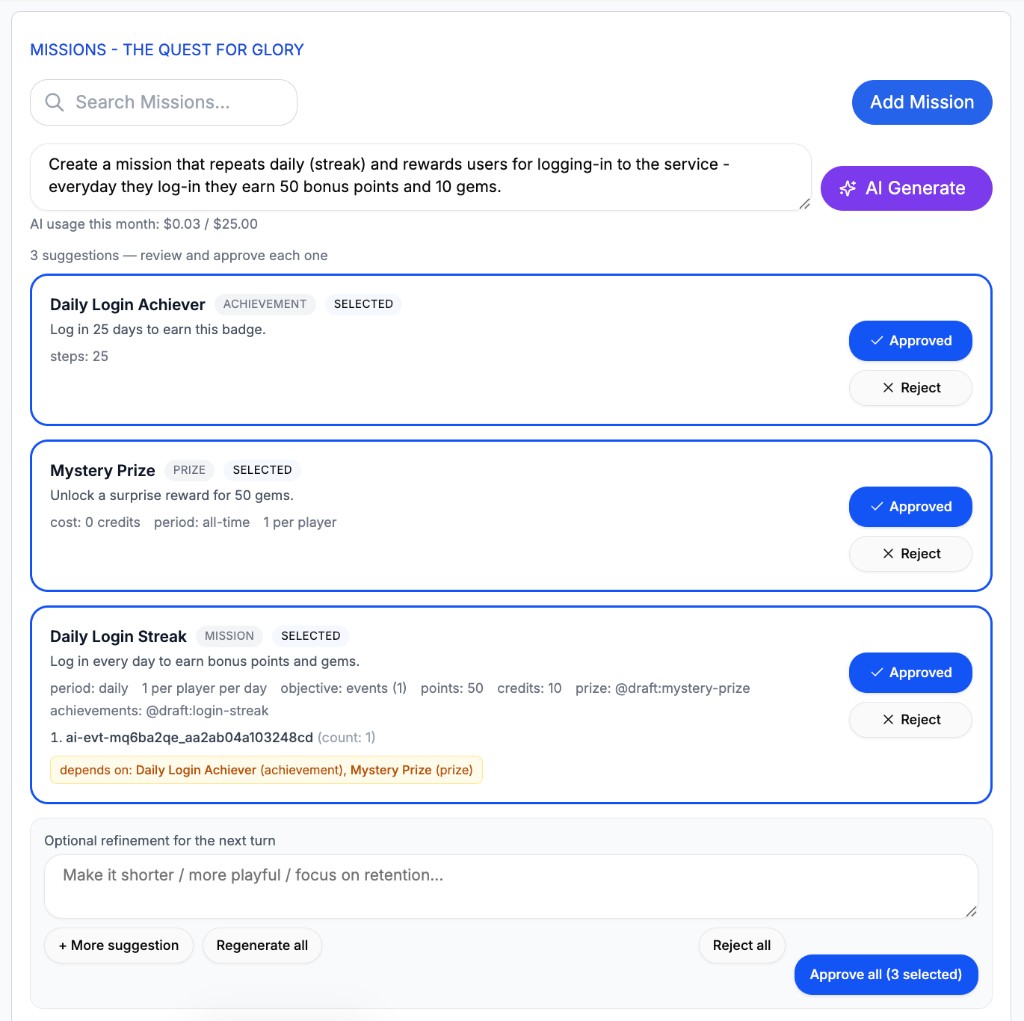 GameLayer AI Mission Builder — daily login streak mission with achievement badge and mystery prize