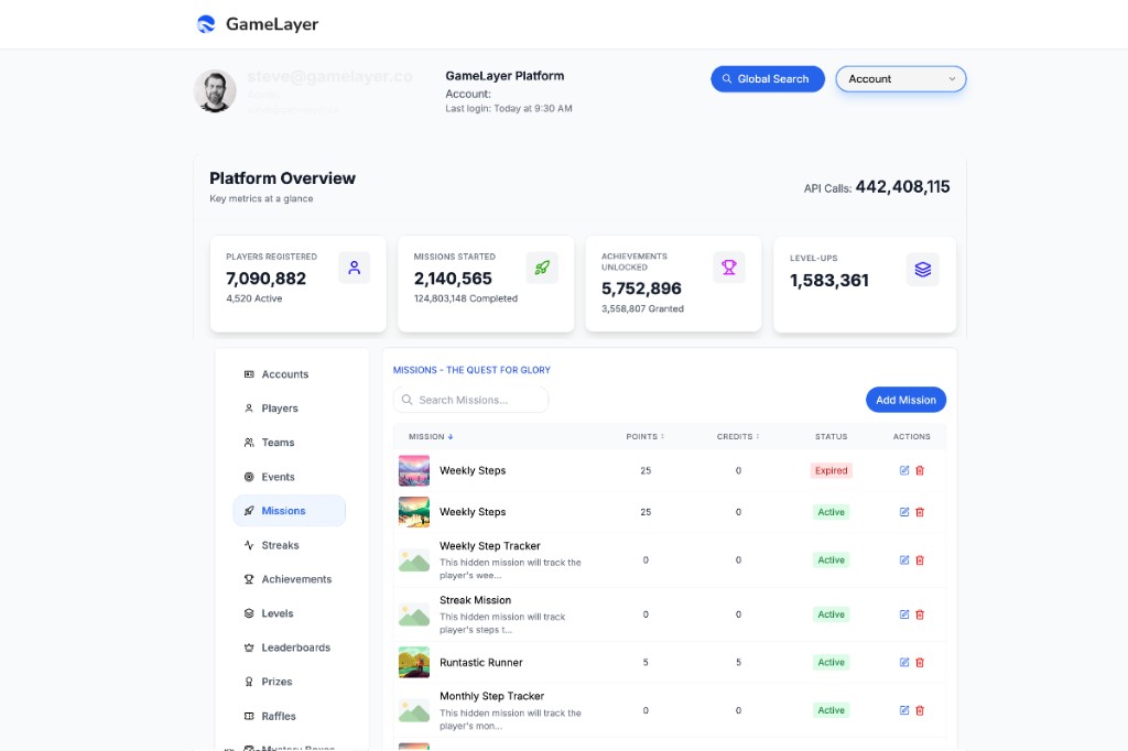 GameLayer gamification platform dashboard showing missions, players, and live engagement