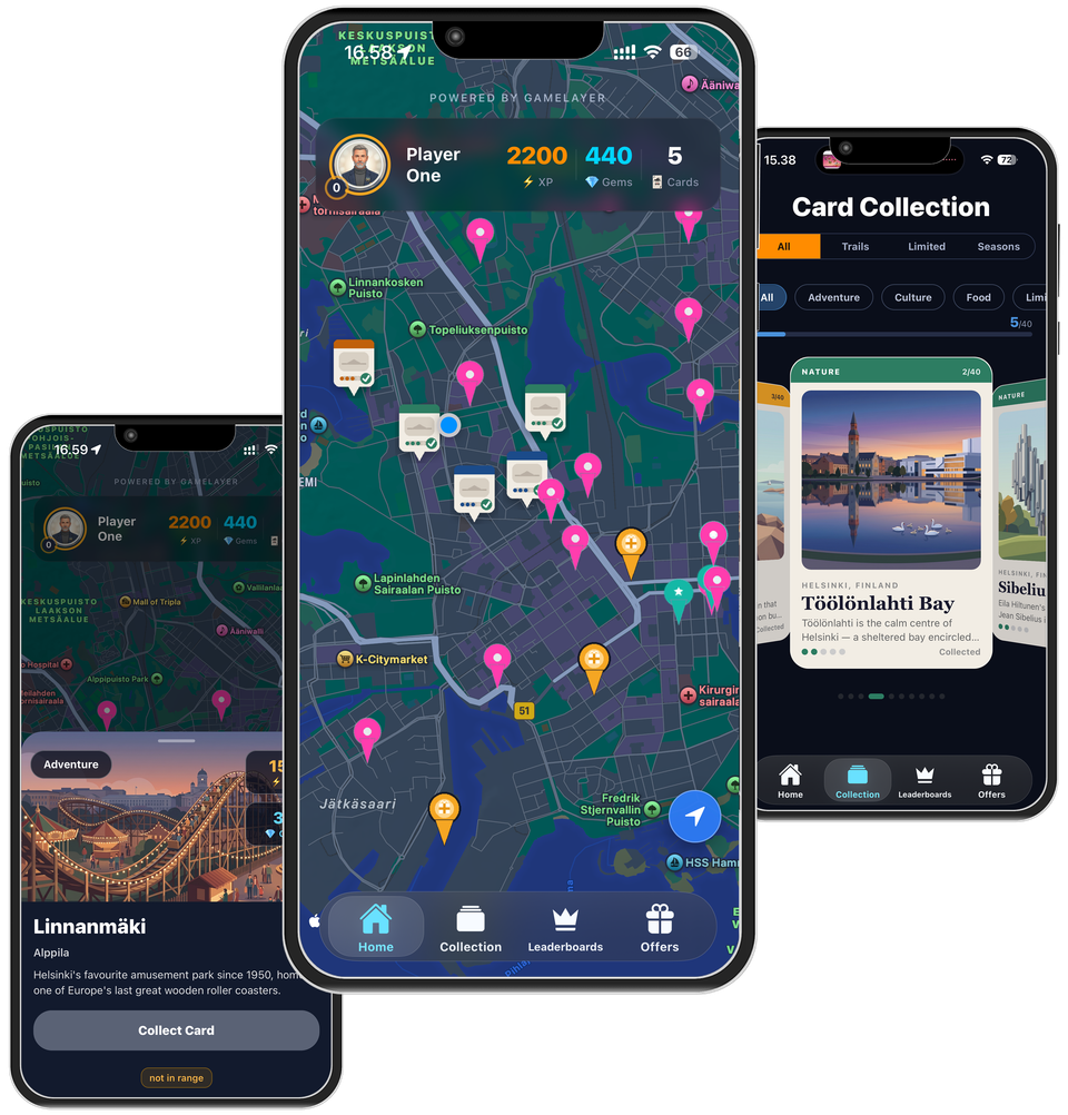 GameLayer-powered mobile app showing map exploration, location cards, and collectible rewards