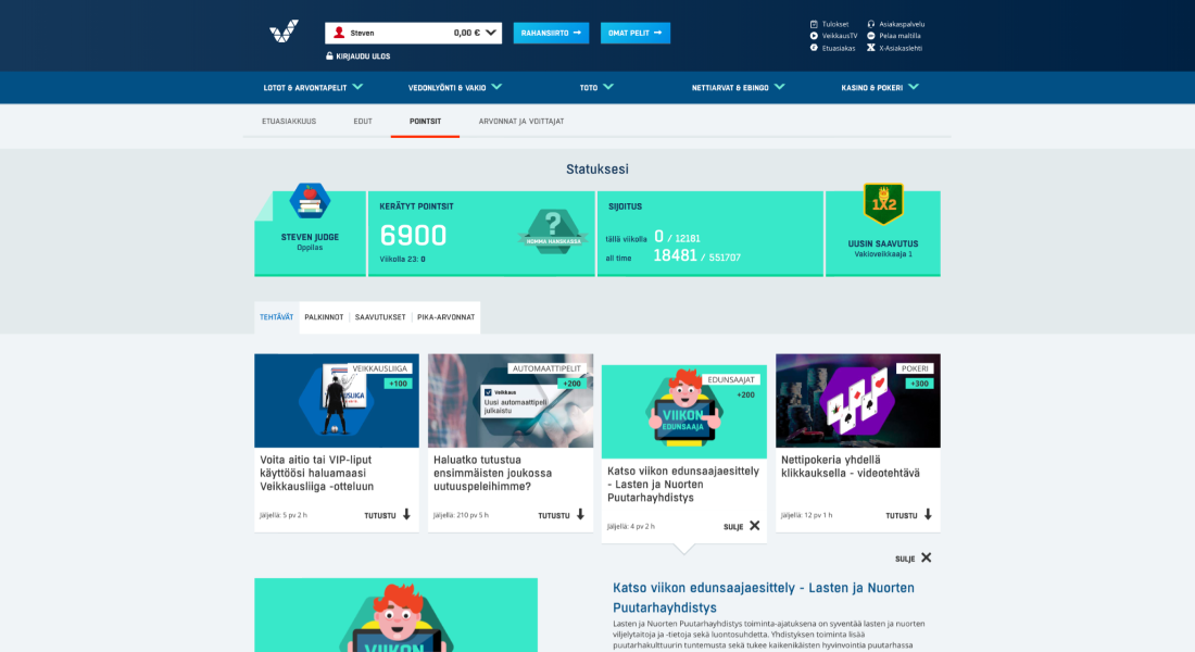 Veikkaus Points member page showing points, weekly ranking, achievements and missions