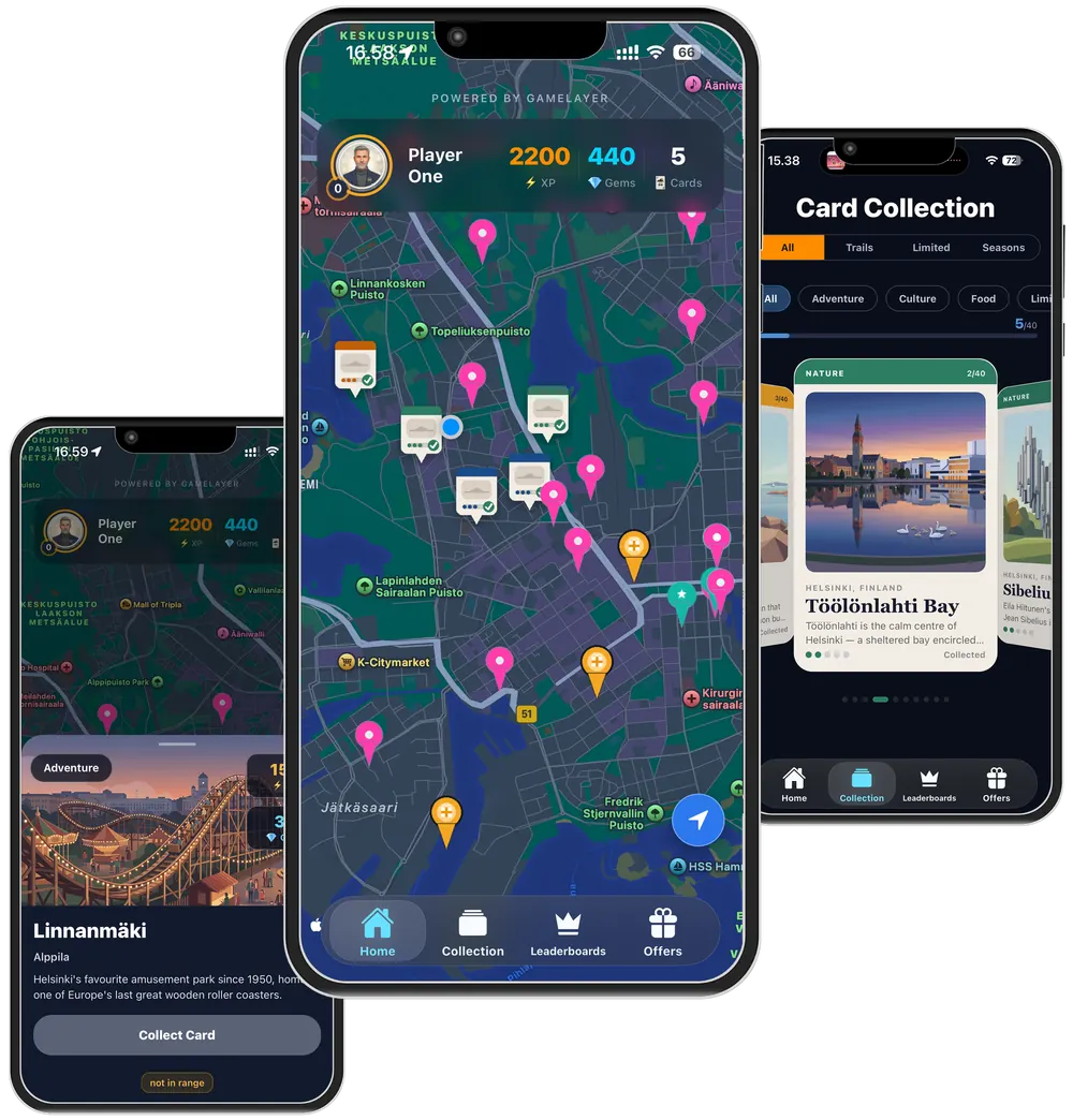 ROAM Helsinki, a live GameLayer demo: a city map with location missions, a location card to collect when in range, and the card collection